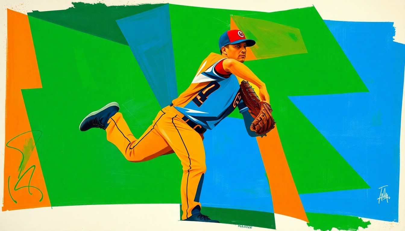 A cubist-style painting depicting a baseball pitcher's windup and delivery broken down into sharp, overlapping geometric shapes in a vibrant color palette, conceptually representing the unique talent and style of a small-town Minnesota player making it to the big leagues.