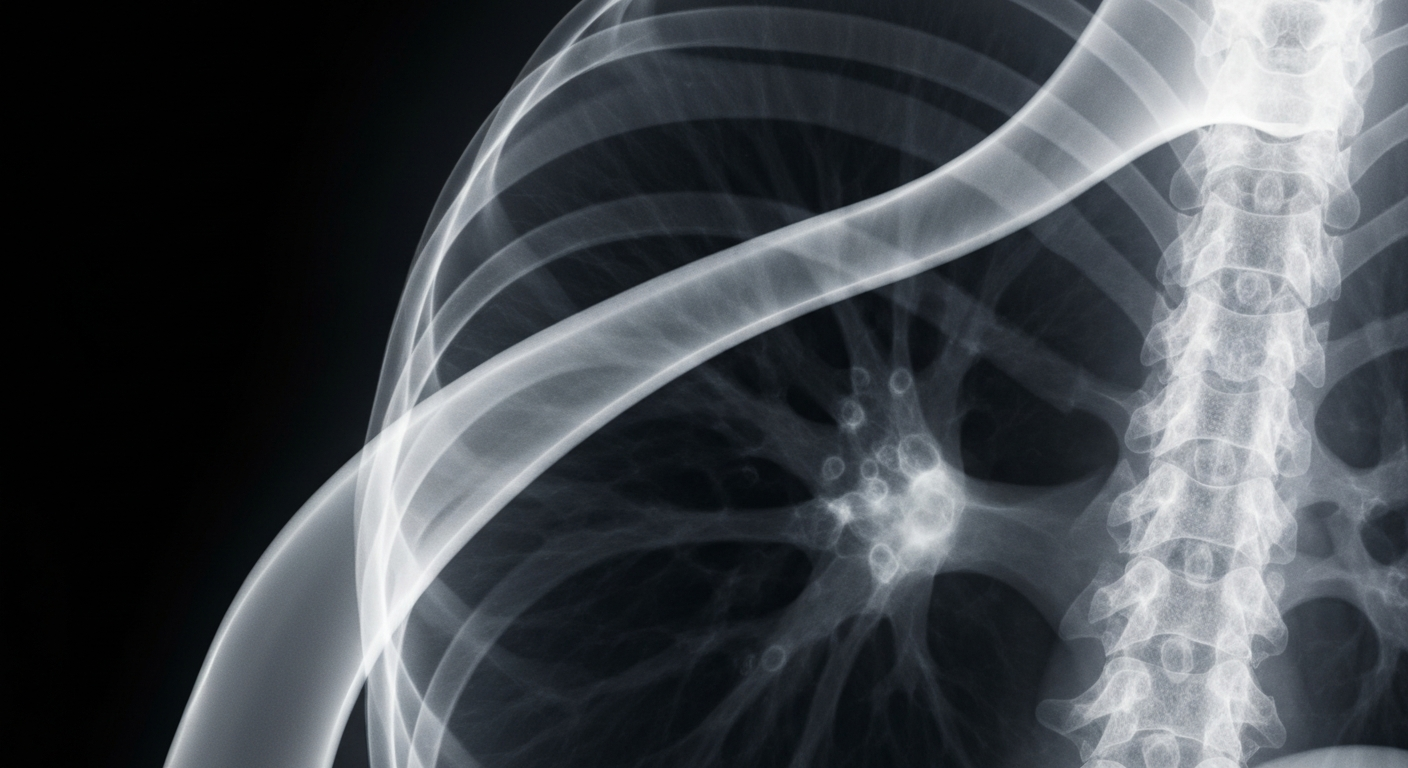 A highly detailed, translucent X-ray image showing the intricate internal structures of a human lung tumor, with glowing, ghostly lines and shapes against a dark background, conveying the scientific and medical nature of this cancer research.