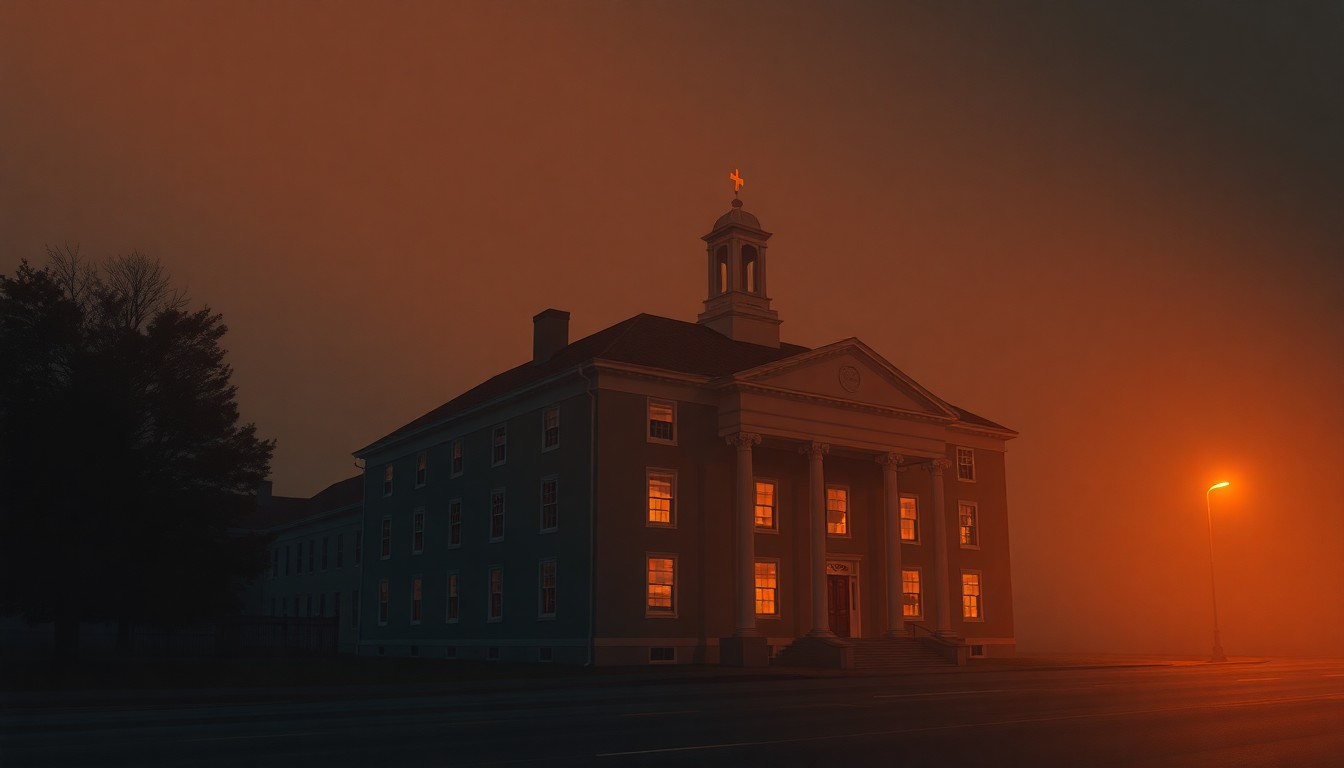 A serene, cinematic painting of a Maine State House building, its facade bathed in warm, golden light and deep shadows, conveying a sense of quiet contemplation and civic responsibility.