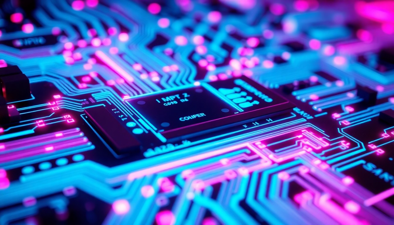 A highly detailed, glowing 3D macro illustration of a complex circuit board with intricate patterns of neon cyan and magenta lights, conceptually representing the critical infrastructure of advanced AI chip technology.