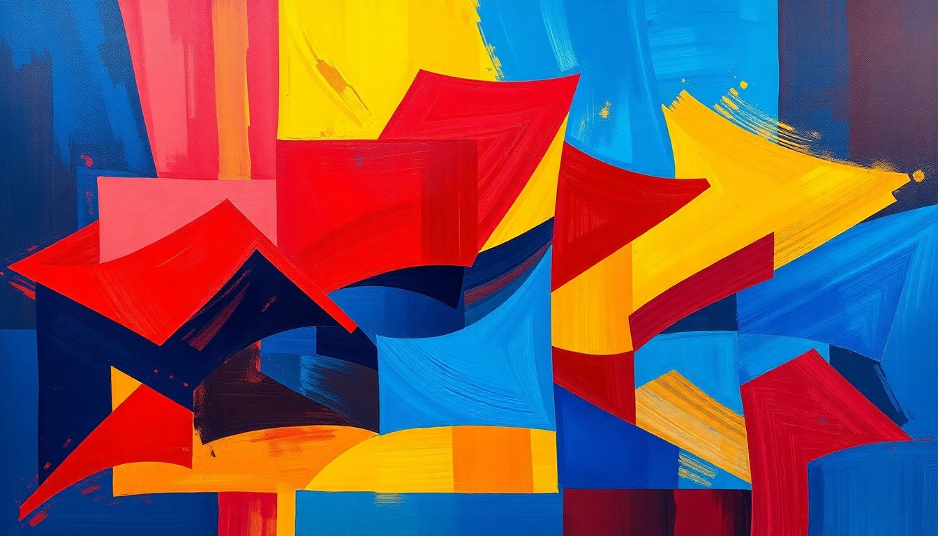 A dynamic, abstract painting featuring overlapping, fractured geometric shapes in shades of blue, red, and yellow, conceptually representing the political debate around electoral reforms in India.