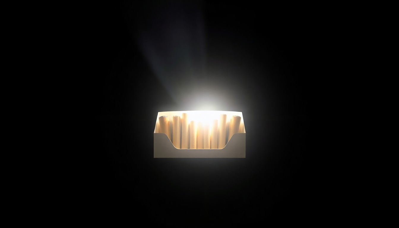 An extreme close-up photograph of a pack of cigarettes lit by a harsh, direct camera flash against a pitch-black background, conceptually representing the stark reality of illegal tobacco sales to minors.