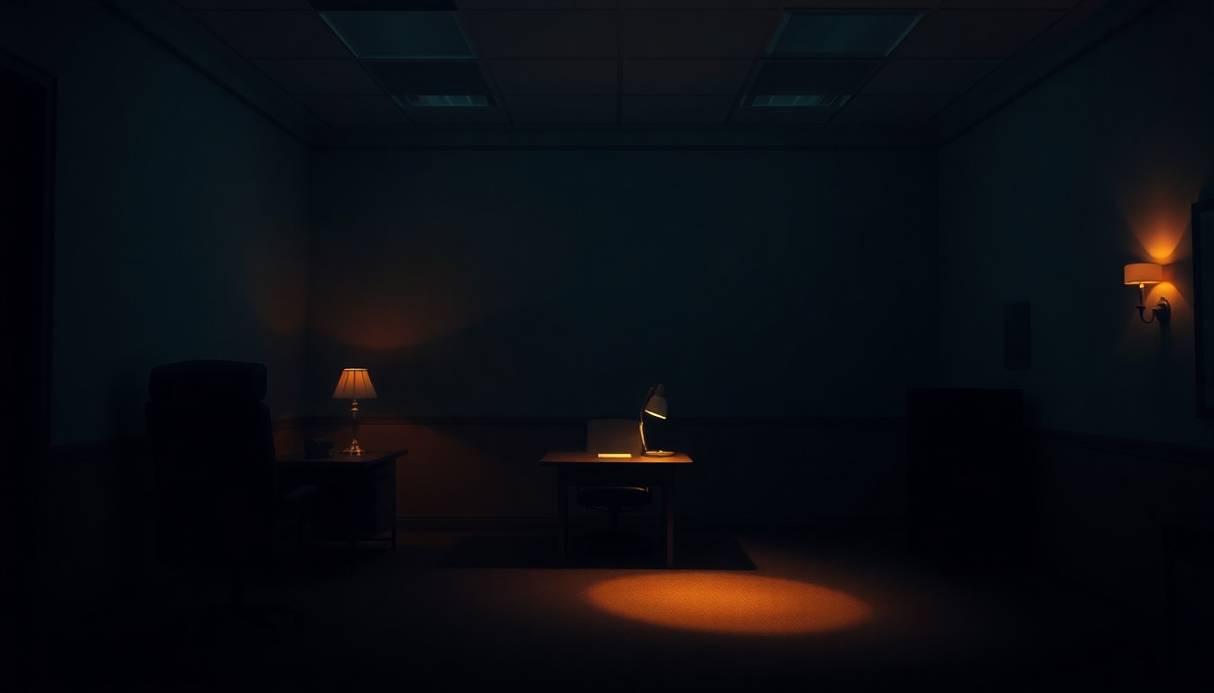 A cinematic painting of an empty, shadowy government office space with a lone desk lamp casting warm, diagonal light and deep shadows, conveying a sense of solitude and unease.