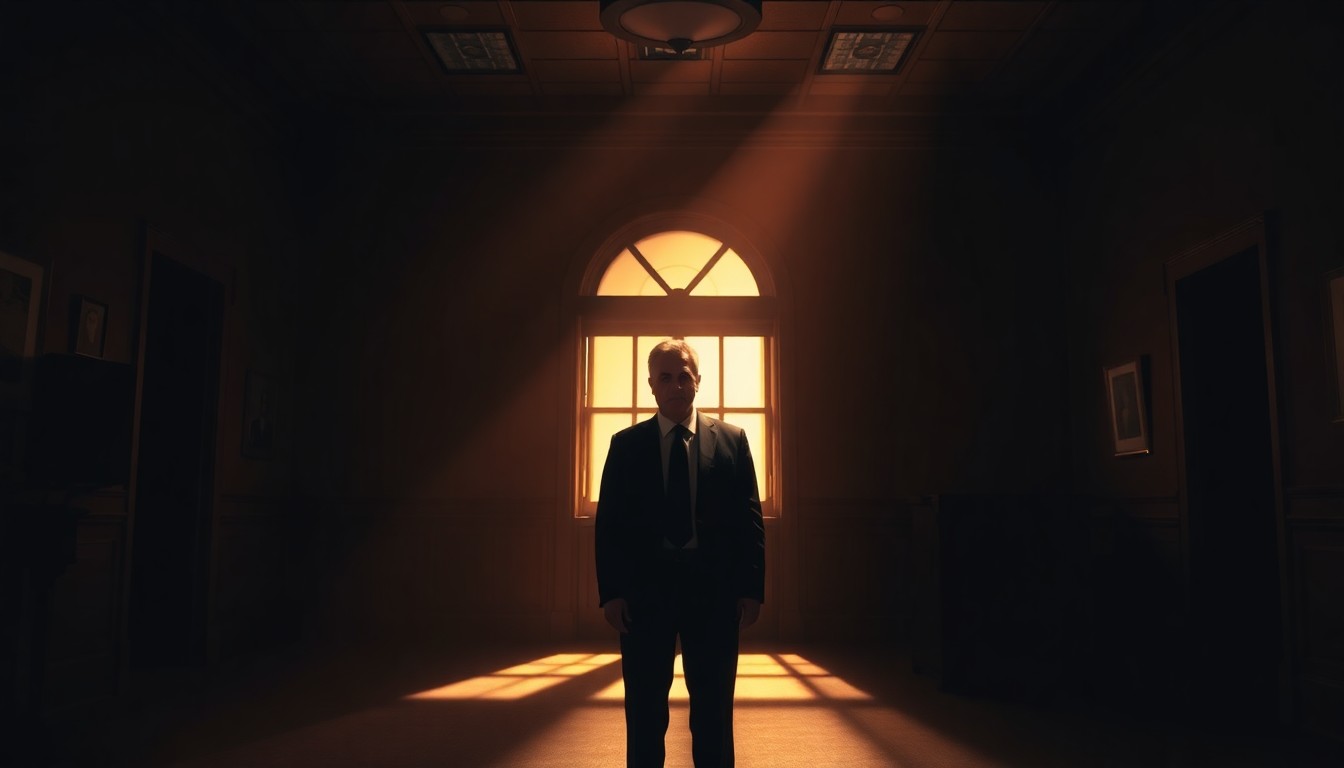 A cinematic painting of a solitary middle-aged man in a dark suit standing alone in a dimly lit government office, bathed in warm, diagonal sunlight and deep shadows, conveying a sense of fragility and vulnerability beneath a stoic exterior.