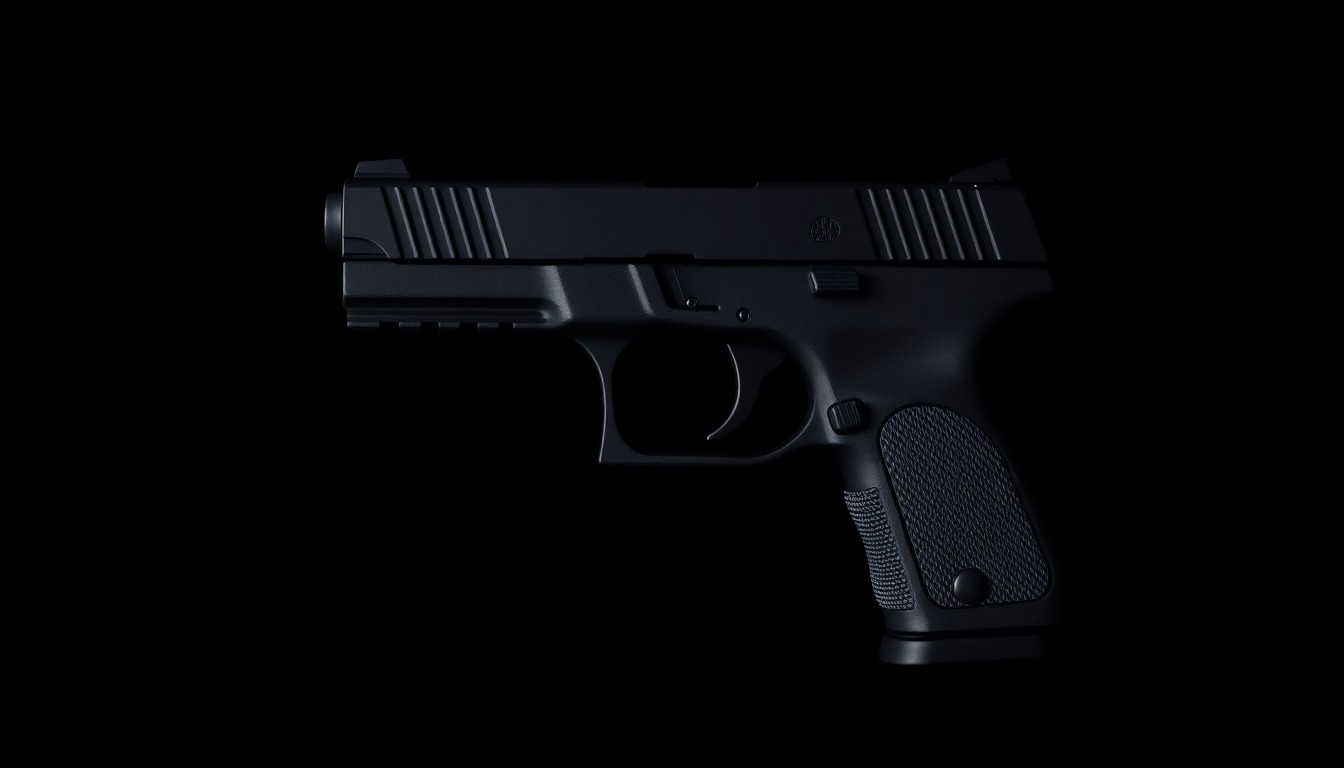 An extreme close-up photograph of a black handgun against a pitch-black background, creating a stark, gritty, investigative aesthetic through the use of harsh, direct camera flash lighting.