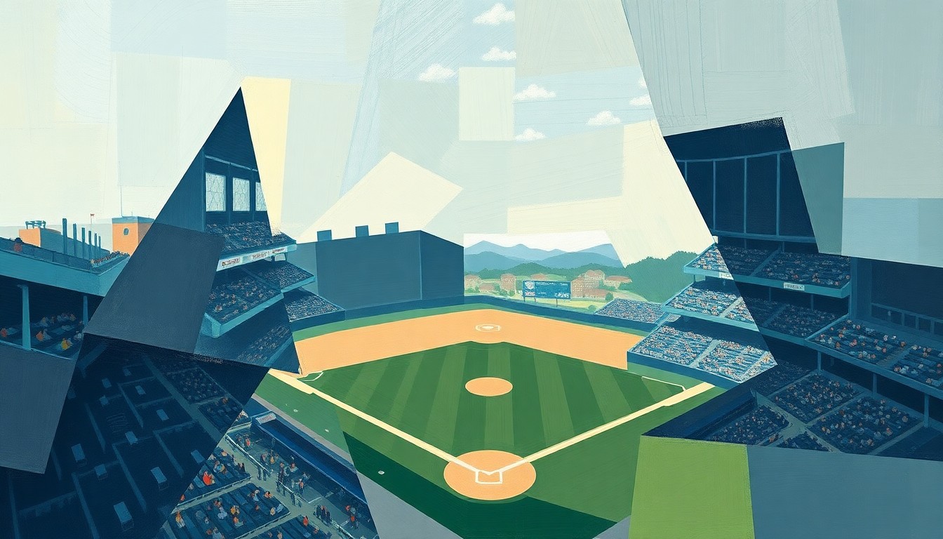 A fractured, cubist-style painting depicting a baseball game or match broken down into sharp, overlapping geometric planes in muted shades of blue, green, and grey, conveying a sense of the Mets' struggles and the fragmentation of their season.