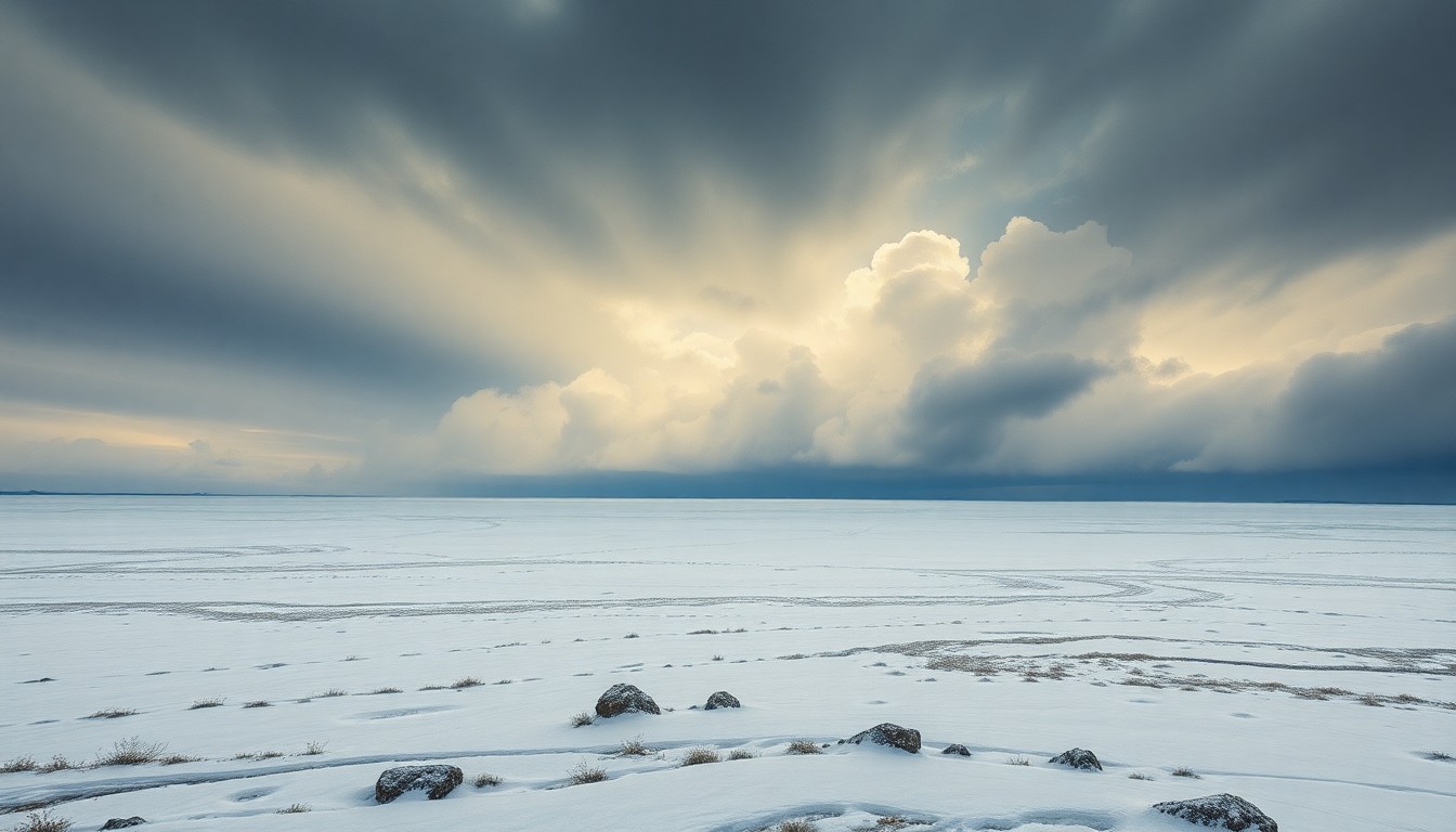 A vast, atmospheric landscape painting in muted tones of gray, blue, and white, depicting a snow-covered field under a dramatic, cloudy sky. The scene conveys a sense of the overwhelming scale and power of extreme winter weather, with any physical structures or objects dwarfed by the expansive, moody perspective.