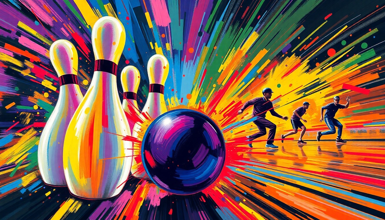 An abstract expressionist painting in neon colors depicting the dynamic motion and energy of a collegiate bowling competition, with the pins, ball, and players' movements dissolving into unrecognizable splatters of color.