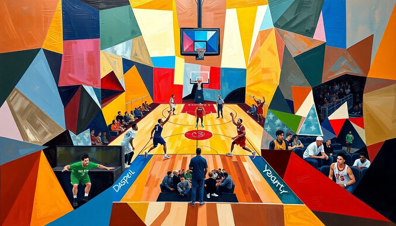 A fragmented, geometric painting in bold colors depicting an NBA basketball game, with the players and court abstracted into angular, overlapping shapes, conveying the conceptual theme of conflict and tension between a player and team owner.