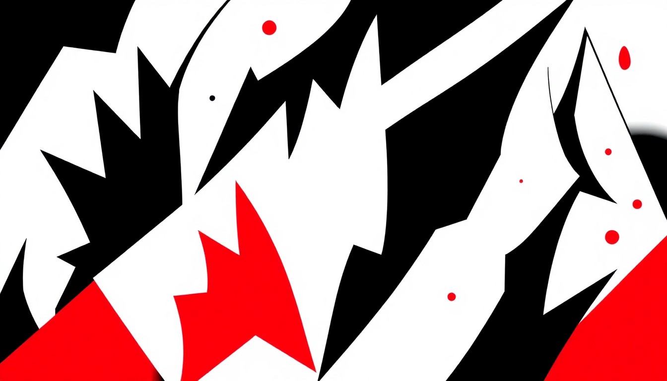 An abstract, minimalist illustration featuring sharp, angular shapes in black, white, and red, conveying the vibrant and varied arts events taking place in Sarasota.