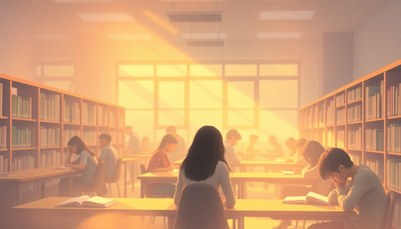 An abstract, impressionistic scene of students studying in a dimly lit library, with blurred bookshelves and desks in the background and soft, warm lighting creating a contemplative mood.