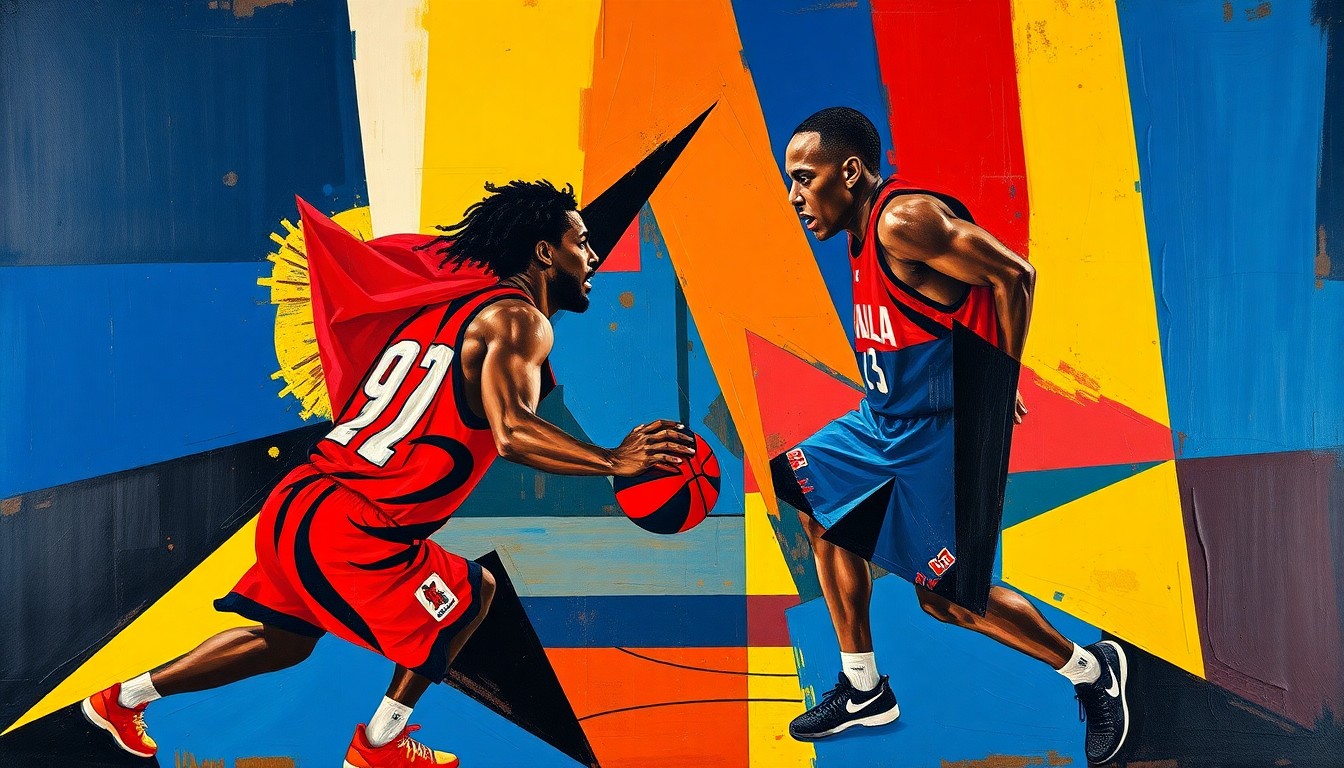 A fractured, cubist-style painting depicting the Ratliff twins in action on a basketball court, with their figures broken down into sharp, overlapping geometric shapes in a vibrant color palette, capturing the energy and dynamism of their play.