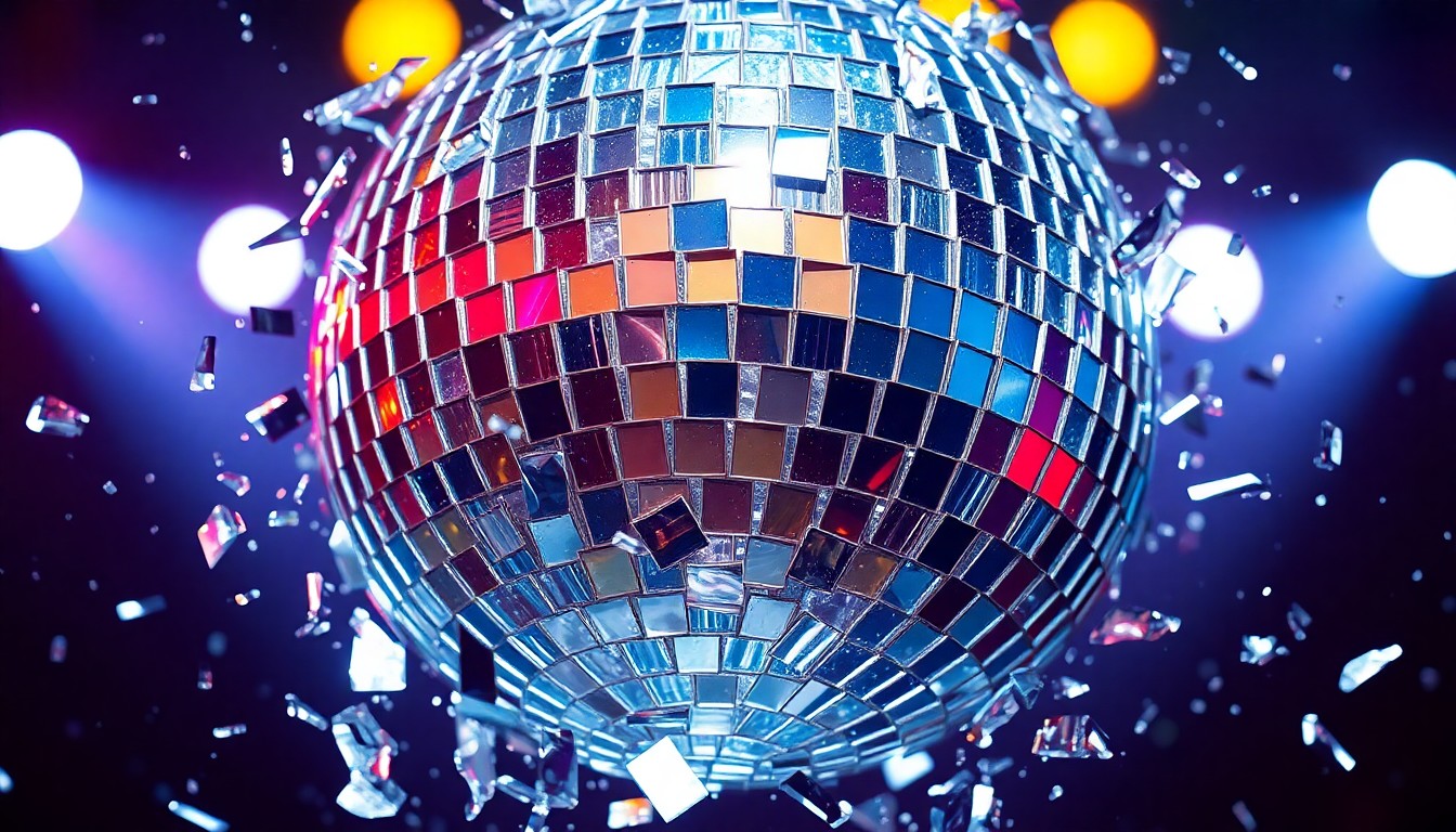 An abstract close-up photograph of shattered glass fragments reflecting bright stage lighting, conceptually representing the public spectacle of celebrity drama.