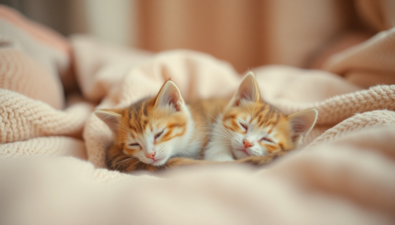 An extremely abstracted, out-of-focus photograph in soft pools of warm color and light, depicting a cozy domestic scene with a playful kitten curled up on a soft blanket.