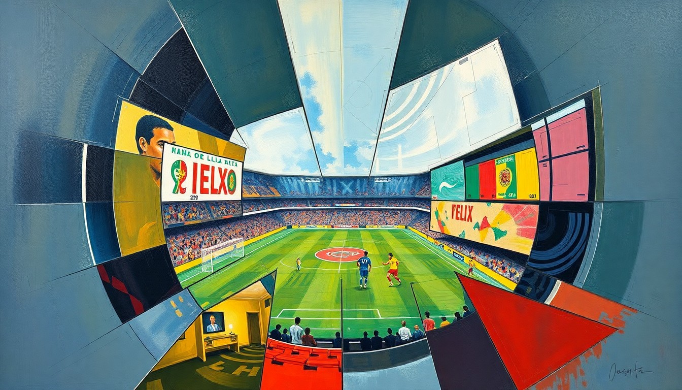 A fragmented, geometric painting depicting the action and energy of a Liga MX soccer match, with sharp planes of color and form representing the players, the field, and the intensity of the competition.