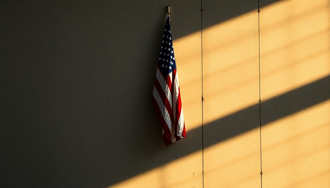 A close-up view of an American flag hanging on a concrete wall, the fabric appearing worn and weathered, with warm sunlight casting deep shadows across the surface, creating a contemplative and nostalgic mood.