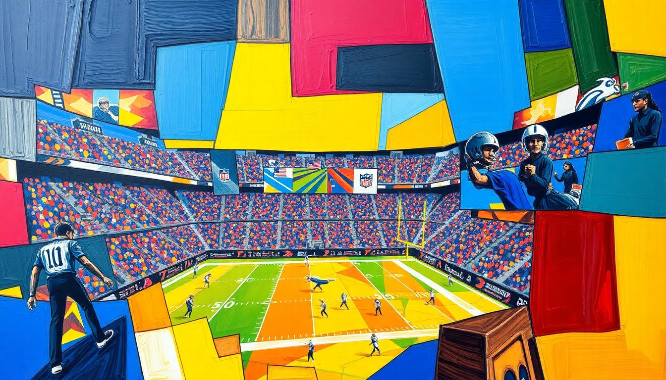 A cubist, geometric painting depicting fragmented football players and draft prospects, conveying the dynamic and unpredictable nature of the NFL Draft process.