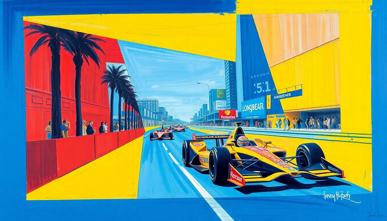 A fractured, cubist-style painting depicting an INDYCAR race on the streets of Long Beach, with the cars and track broken down into sharp, overlapping geometric shapes in vibrant colors.