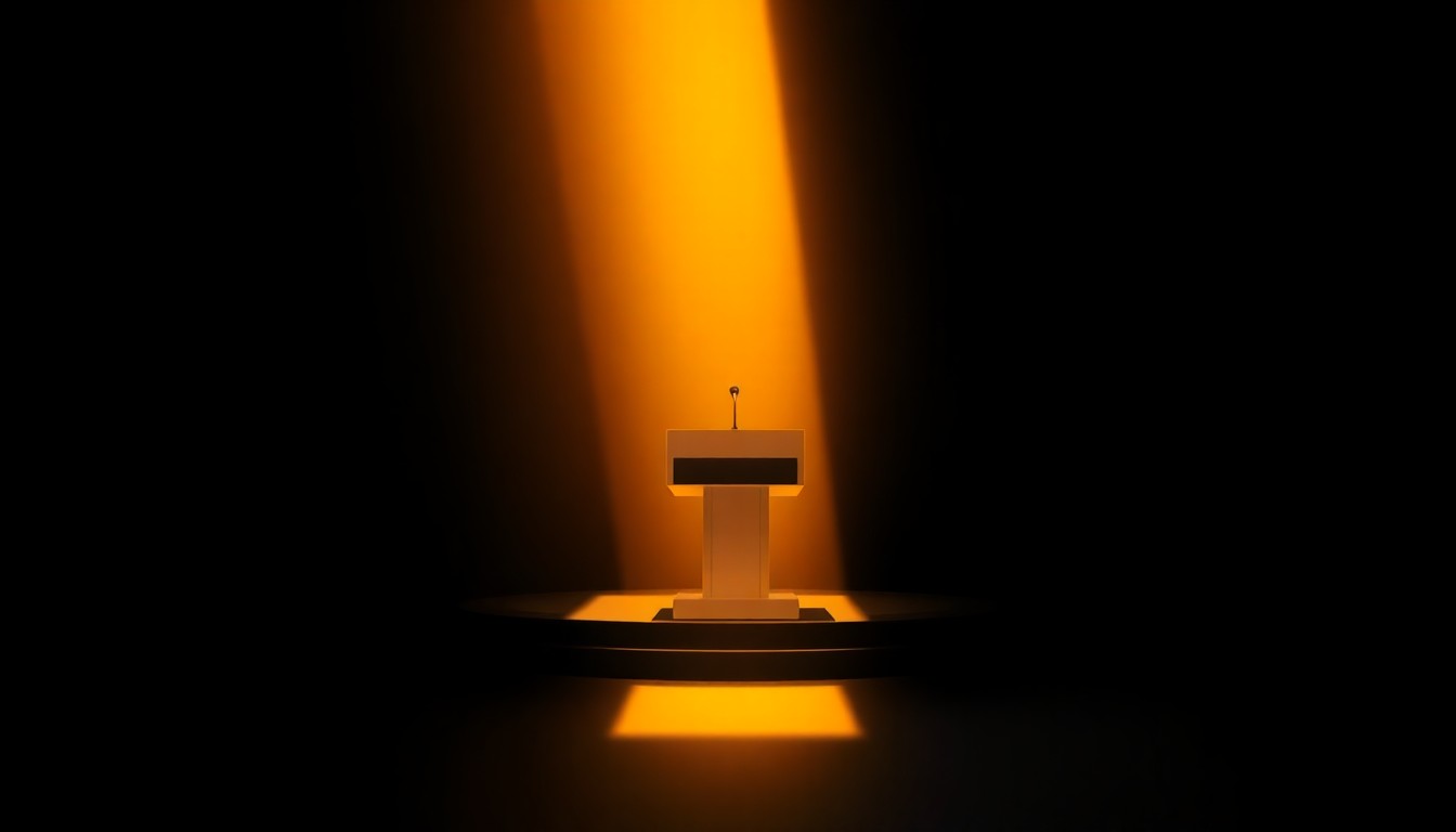 A dimly lit, cinematic painting of a solitary podium or lectern, its surface reflecting the warm glow of sunlight streaming in from an unseen window, conceptually representing the solemn, serious tone of a political event.