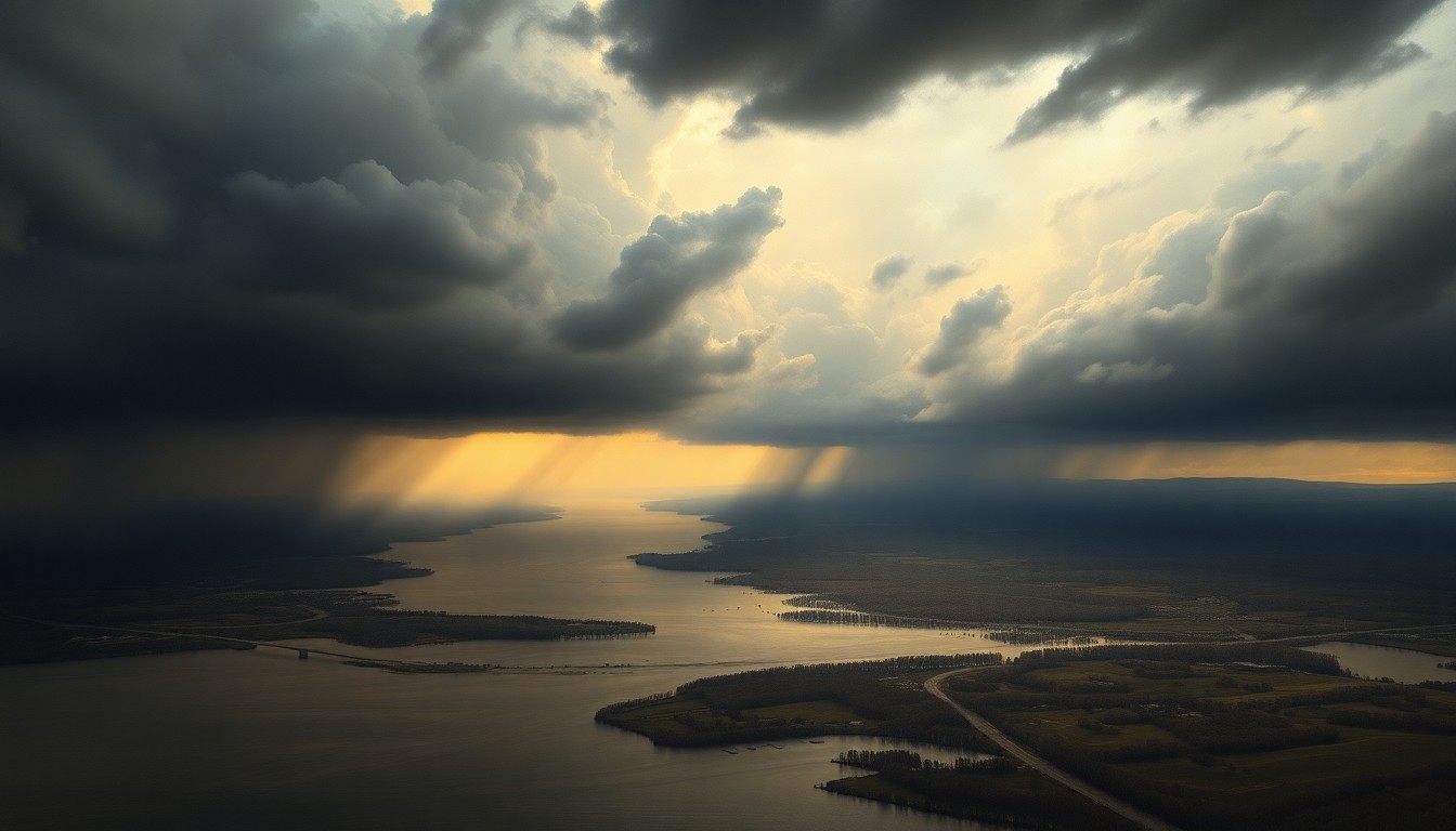 A vast, atmospheric landscape painting depicting the Ohio River basin under heavy storm clouds, the rising floodwaters dwarfing any physical structures or roads in the scene.