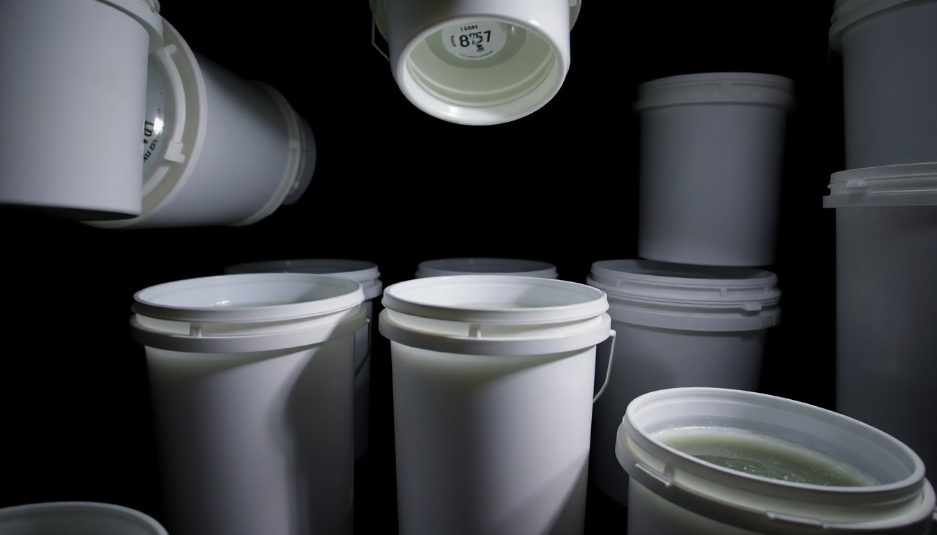 An extreme close-up photograph of several white plastic buckets containing a clear liquid substance, lit by a harsh, direct camera flash against a pitch-black background, conveying a sense of stark, gritty investigation into the seized liquid methamphetamine.