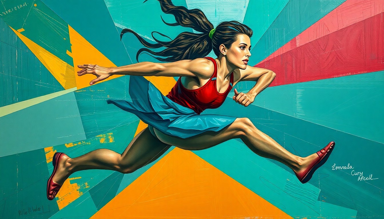 A fractured, multi-perspective painting in vibrant teal, ochre, and crimson hues, depicting the raw energy and resilience of an athlete's journey through overlapping geometric planes of motion.