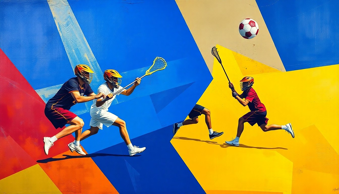 A fractured, cubist-style painting depicting the dynamic action of a lacrosse game, with players and the ball represented through bold, angular shapes in a vibrant color palette, conceptually capturing the energy and intensity of the Villanova-Marquette matchup.