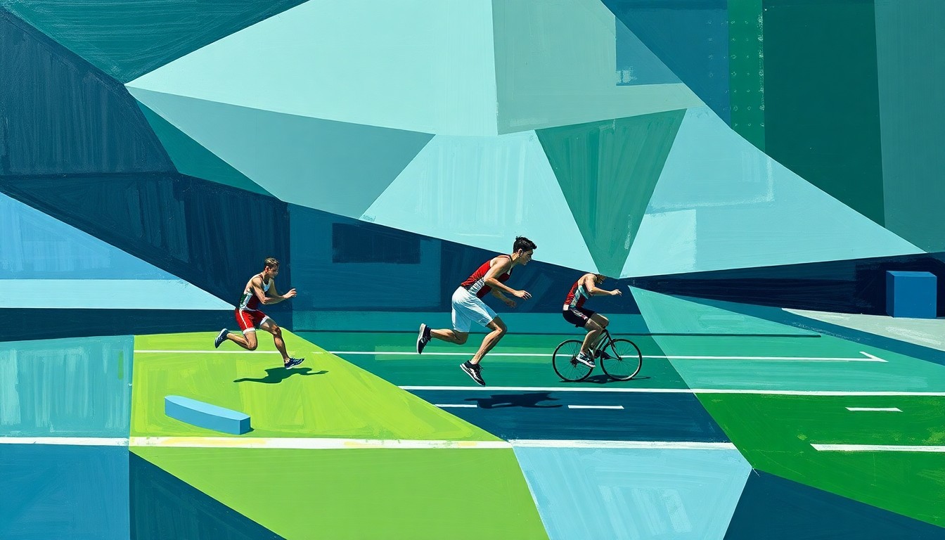 A fragmented, geometric painting in shades of blue, green, and gray, depicting the various events and movements of a decathlon competition in an abstract, cubist style.