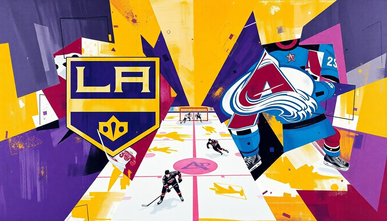 A fractured, multi-perspective painting in bold, overlapping geometric shapes and planes of purple, gold, burgundy, and blue, conceptually representing the intensity and competitive spirit of a playoff hockey game between the Los Angeles Kings and Colorado Avalanche.