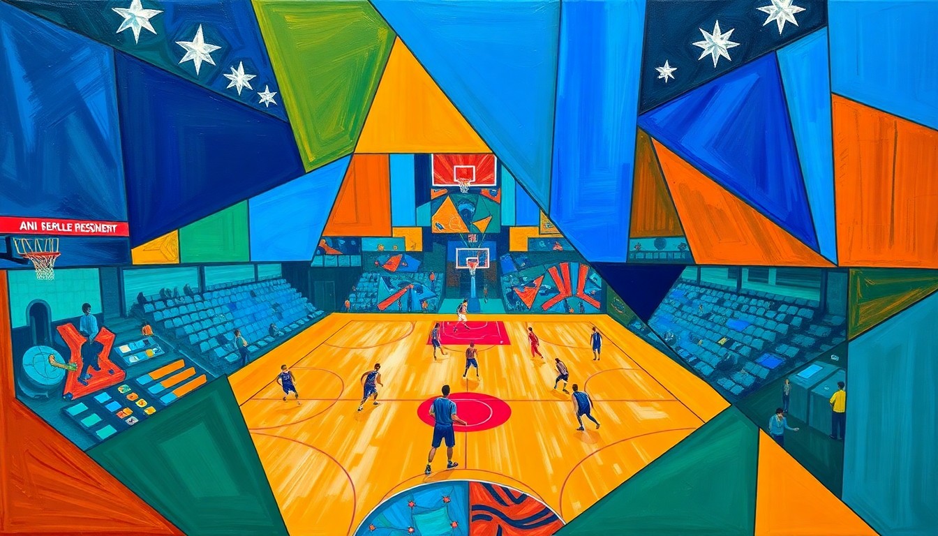 A cubist, geometric painting featuring overlapping planes of bright blue, orange, and green, conceptually representing the fractured, multi-dimensional nature of a basketball game or match.