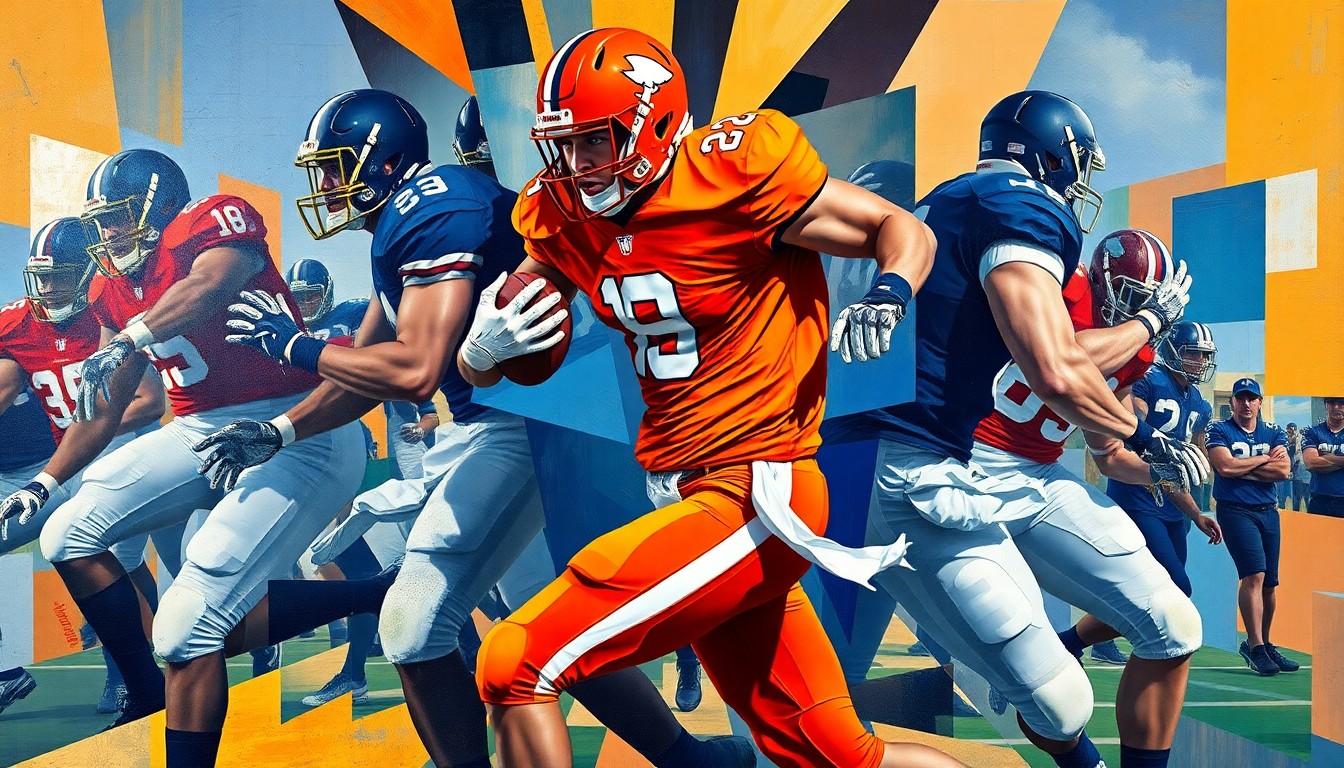 A fractured, geometric painting depicting the movements and actions of a college football player, with sharp planes of color representing the player's team uniforms.