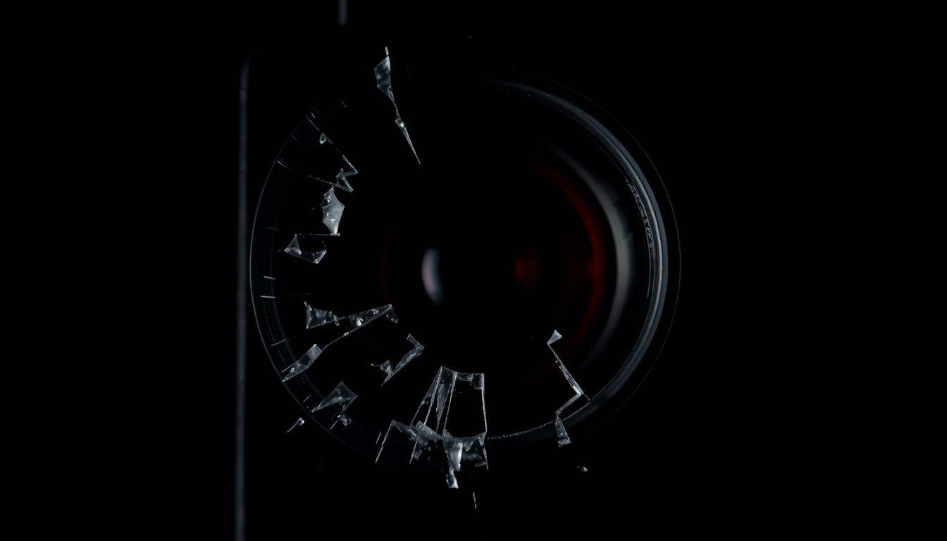 An extreme close-up of a shattered police body camera lens reflecting a faint blue light, conceptually representing the investigation into a tragic officer-involved shooting incident.