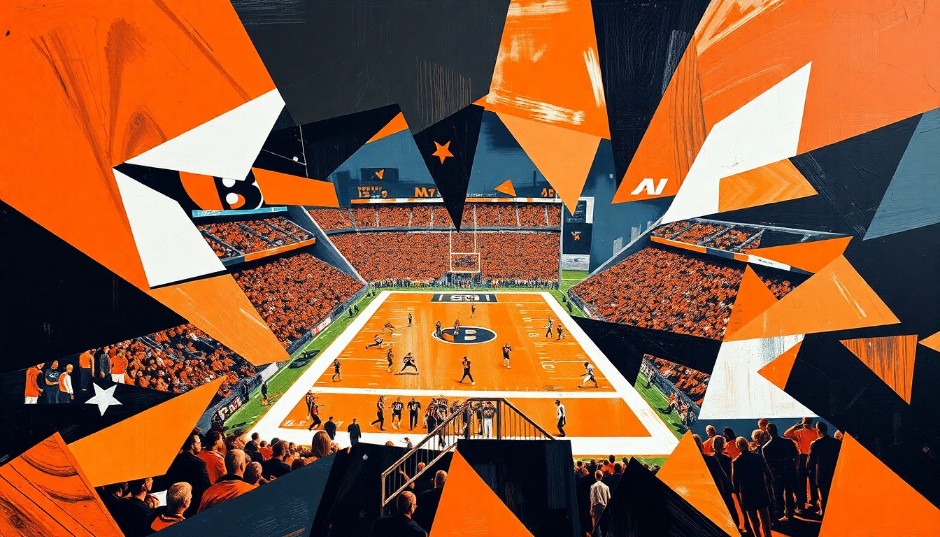 A fractured, geometric painting in vibrant orange, black, and white tones, capturing the energy and movement of a football game in an abstract, cubist style.