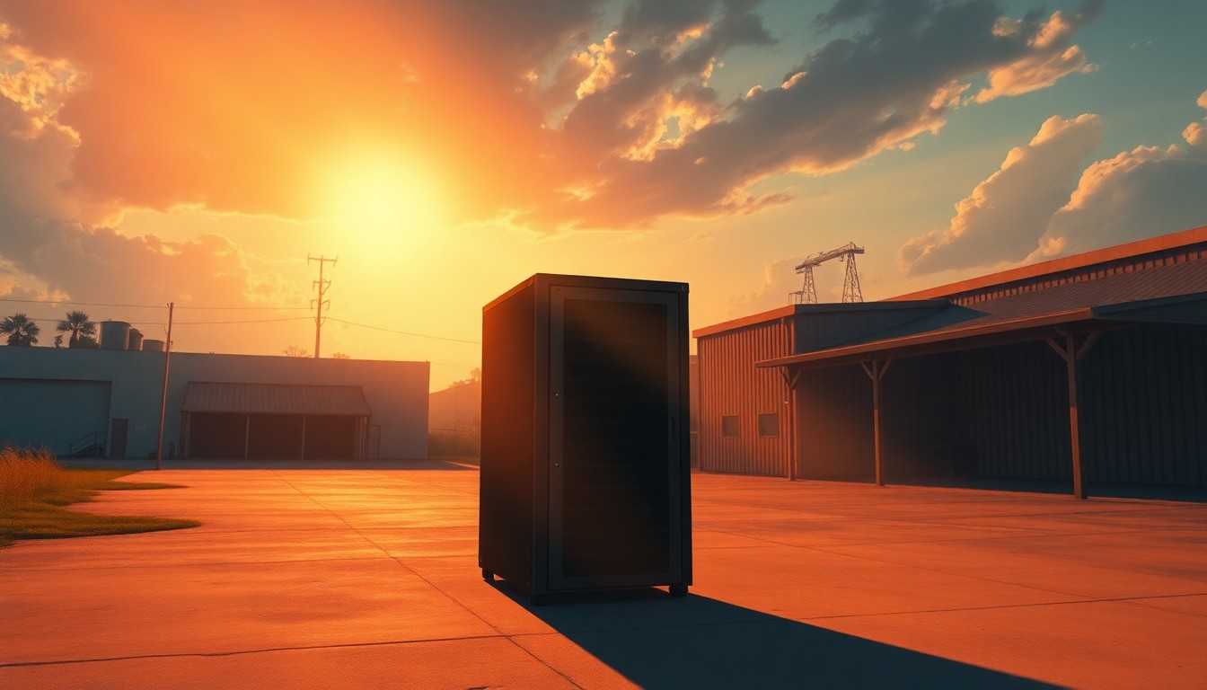A serene, painterly image of a solitary data server rack glowing in warm sunlight, conveying the tension between technological progress and community impact.