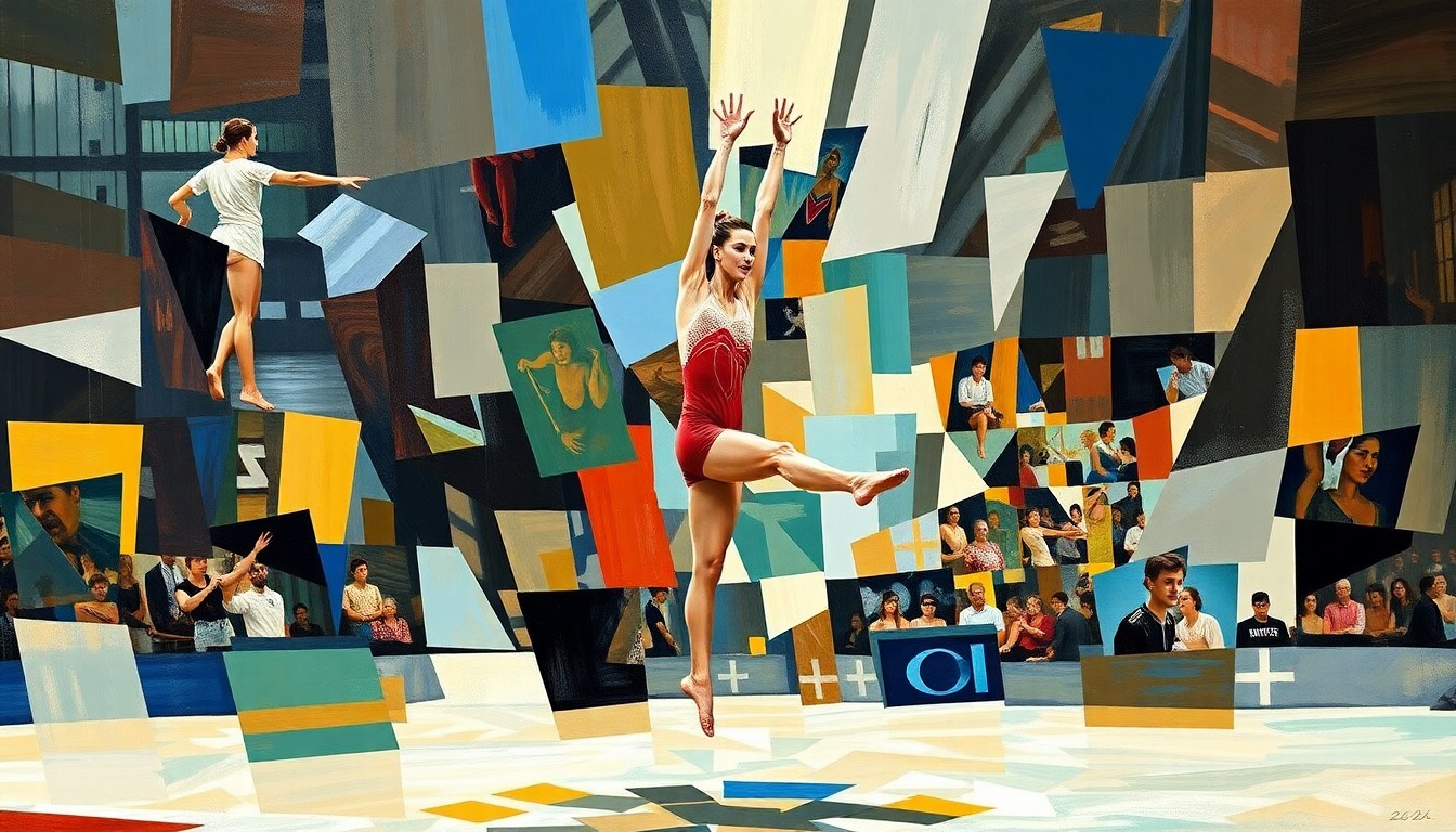 A cubist, geometric painting depicting the dynamic movements and energy of a women's gymnastics competition, with overlapping planes of color and form.