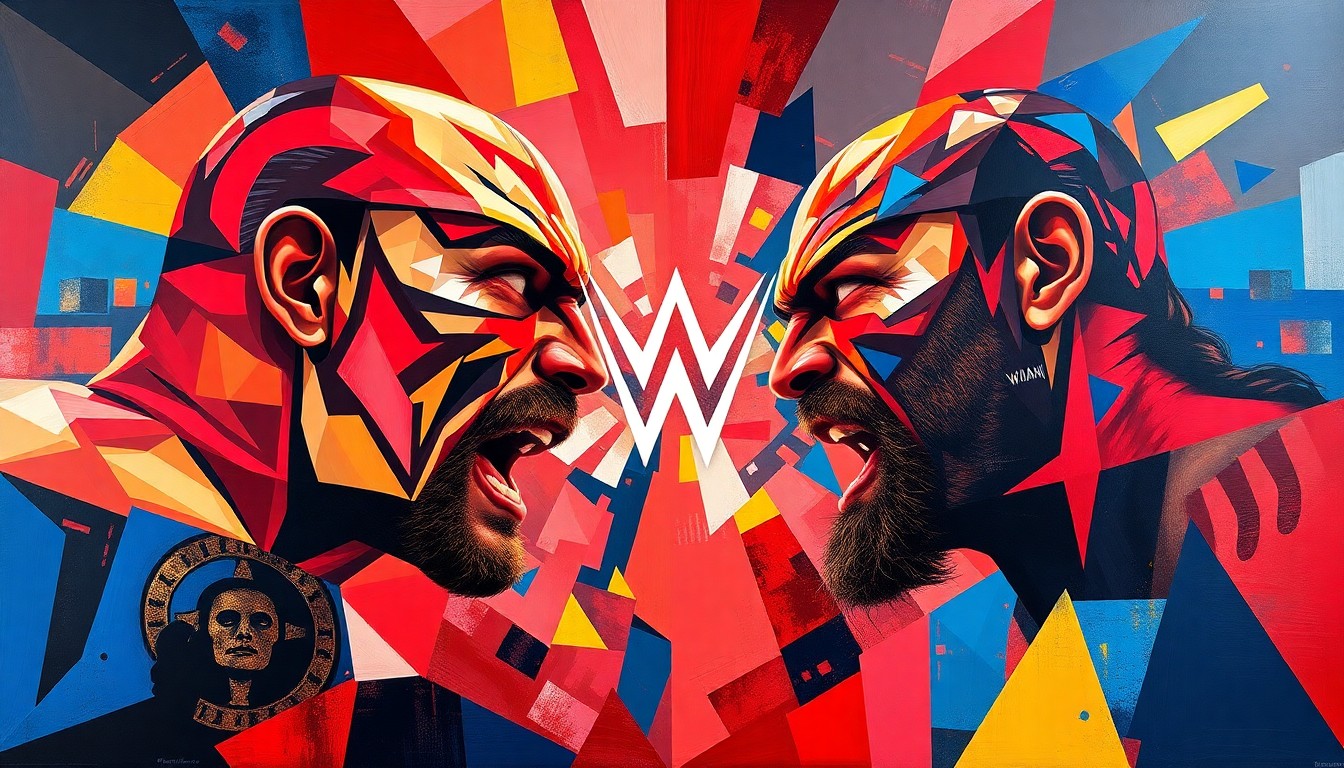 A cubist, geometric painting depicting the dynamic movements and energy of a professional wrestling match, with sharp, overlapping planes of color representing the two competitors.
