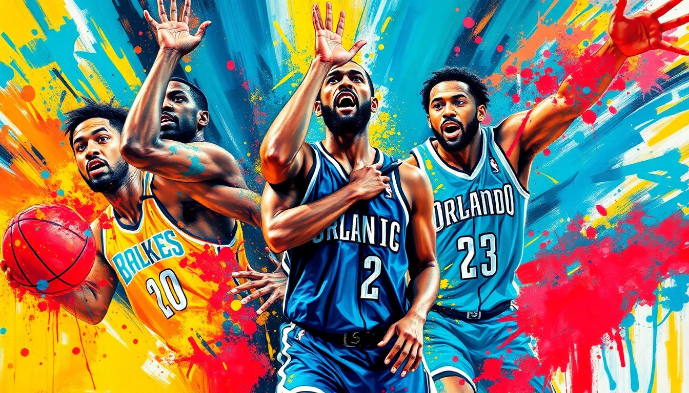 An abstract, expressionist painting in vibrant neon colors, capturing the raw energy and intensity of a basketball game, with players' forms and movements dissolving into dynamic brushstrokes.