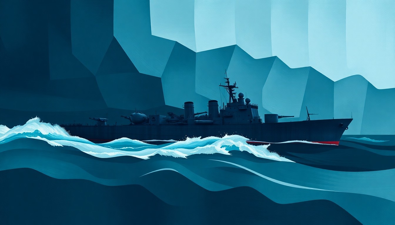 A dynamic, abstract painting of a naval ship in motion, with overlapping geometric shapes and fractured lines in shades of blue, teal, and grey, conveying a sense of urgency and military action.