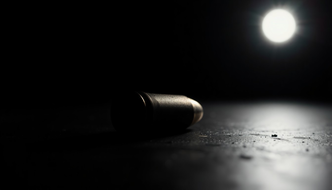 An extreme close-up photograph of a single spent bullet casing on a dark surface, lit by a harsh, direct camera flash, conceptually illustrating the gritty details of a homicide investigation.