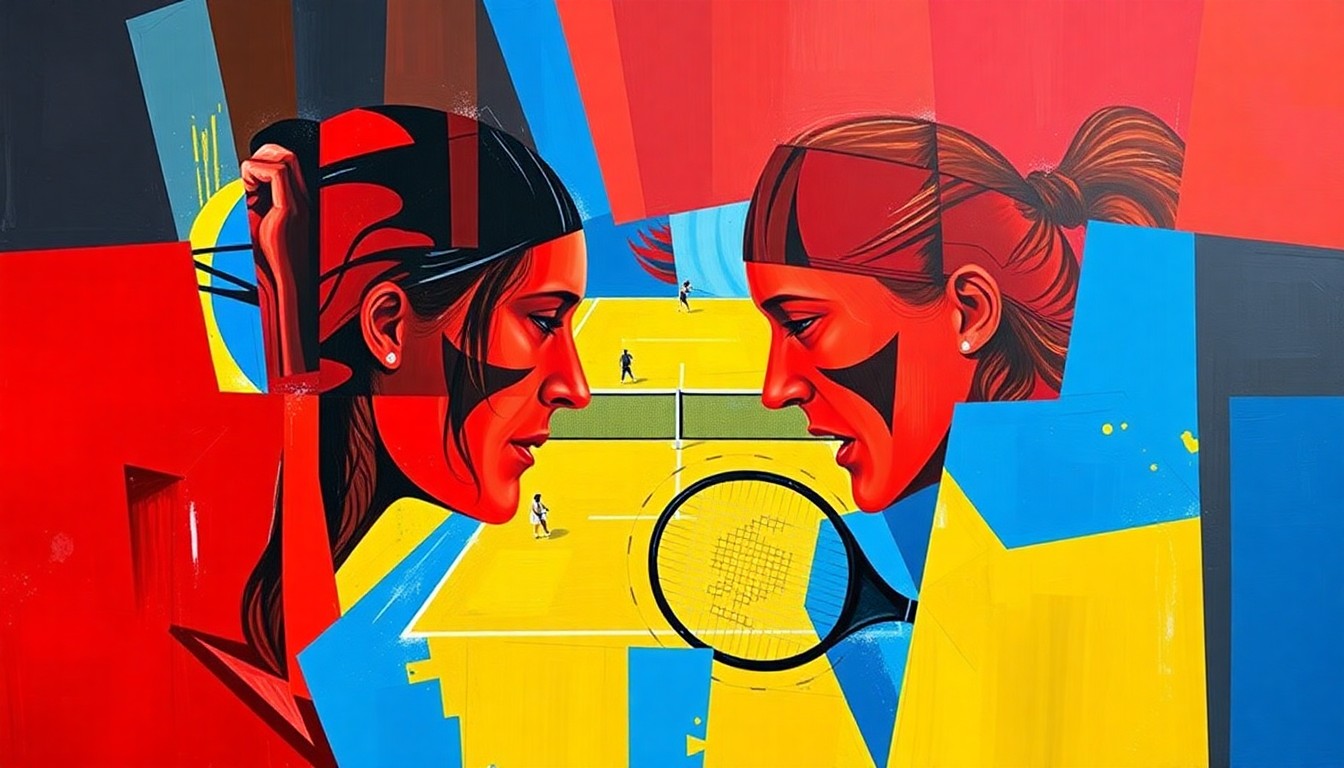 A cubist-style painting depicting a tennis match between Karolina Muchova and Coco Gauff, with the players and court broken down into sharp, overlapping geometric shapes in vibrant colors.