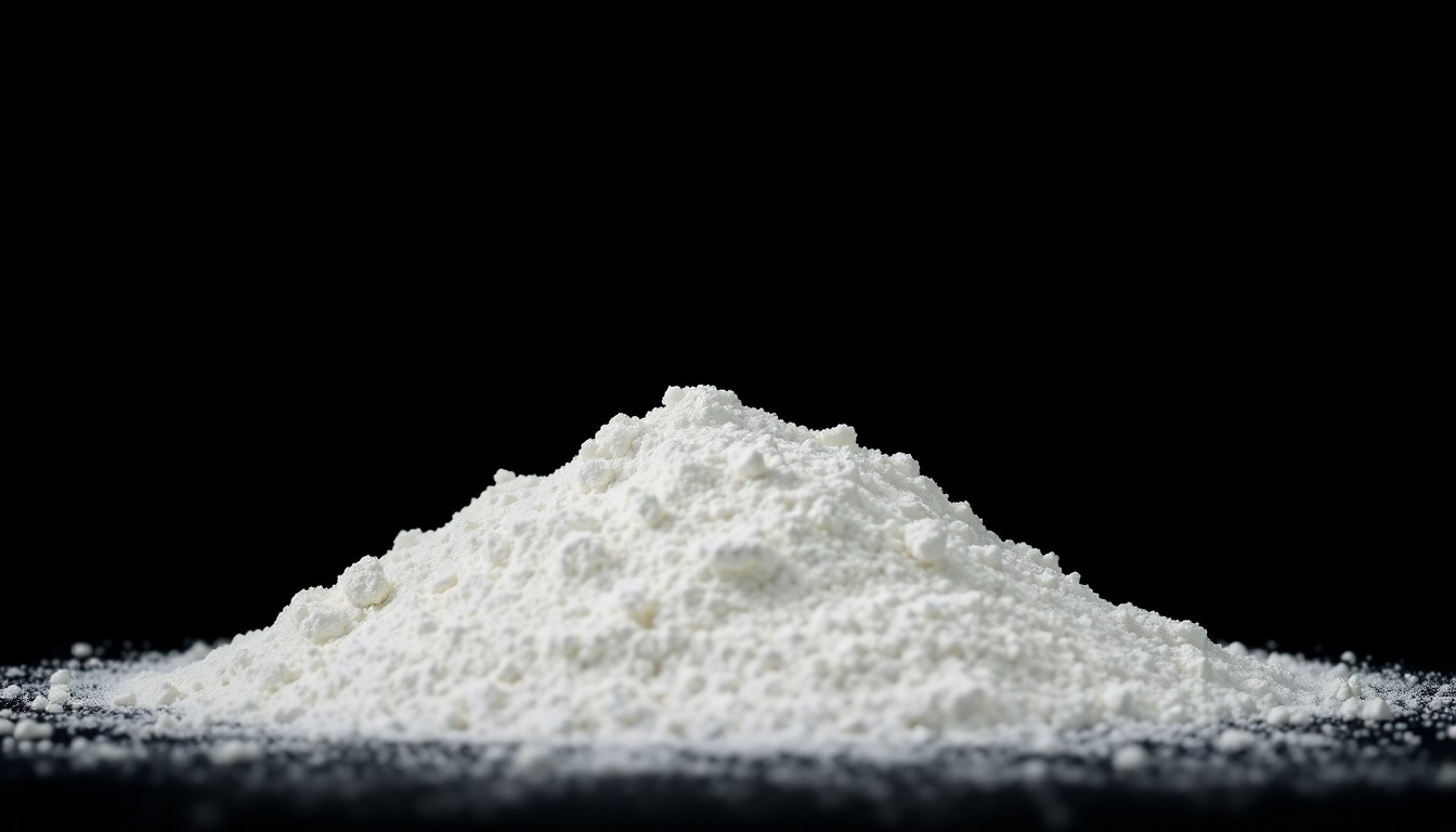 An extreme close-up of a pile of white powder against a pitch-black background, lit by a harsh camera flash, conceptually representing the deadly fentanyl seized from a Sinaloa Cartel smuggler.