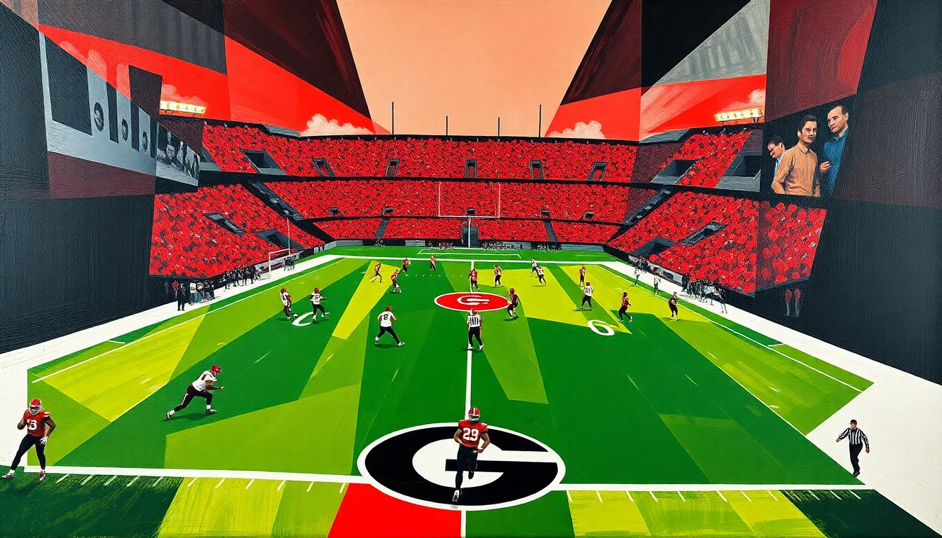 A cubist-style painting depicting a Georgia Bulldogs football game, with the players and field abstracted into sharp, overlapping geometric shapes in a vibrant red, black, and white color palette, capturing the raw energy and competition of the spring scrimmage.