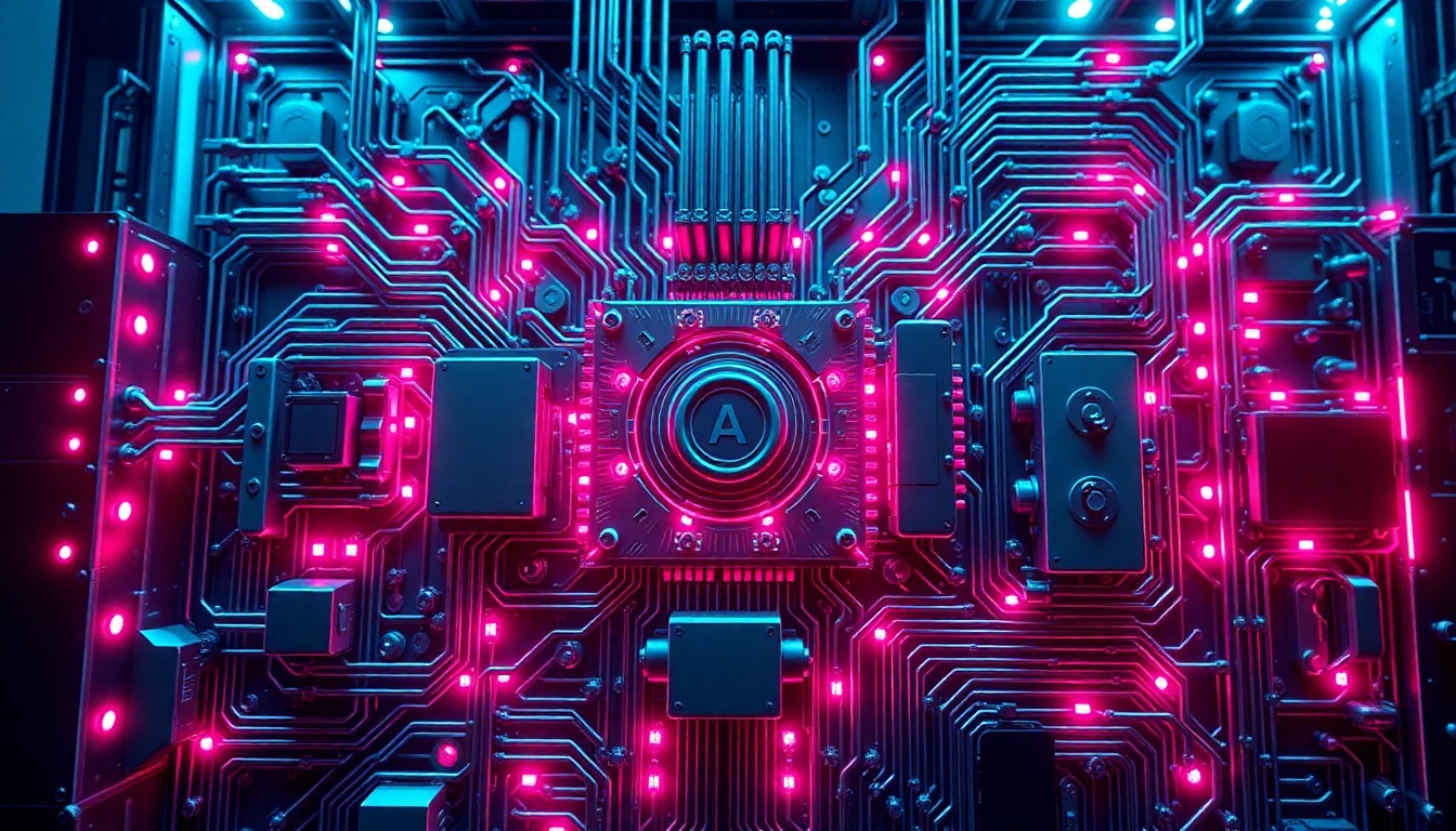 A highly detailed, glowing 3D illustration of a complex AI inference hardware system, with neon cyan and magenta lights illuminating the intricate cybernetic components, conceptually representing the advanced technology powering the next generation of autonomous AI agents.