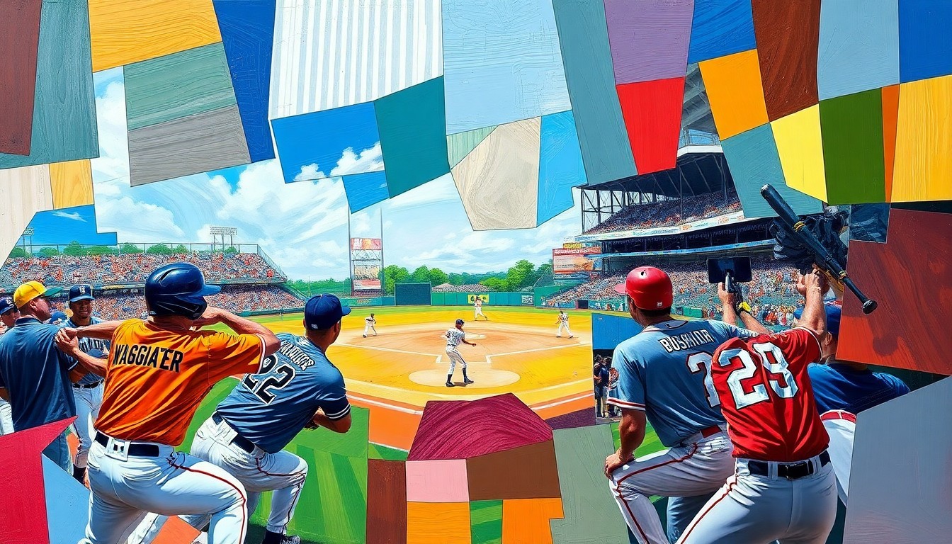 A cubist, multi-perspective painting depicting a baseball game, with sharp geometric planes in the team colors of the LC State Warriors and Bushnell Beacons, capturing the intense back-and-forth action of the extra-inning affair.