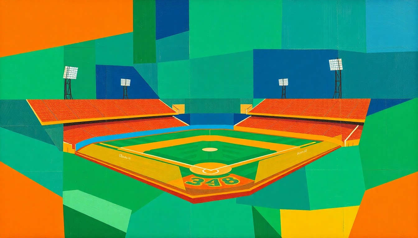 A cubist, geometric painting depicting a college baseball game, with sharp, overlapping planes of bright orange, navy blue, and emerald green, capturing the dynamic action and energy of the sport.