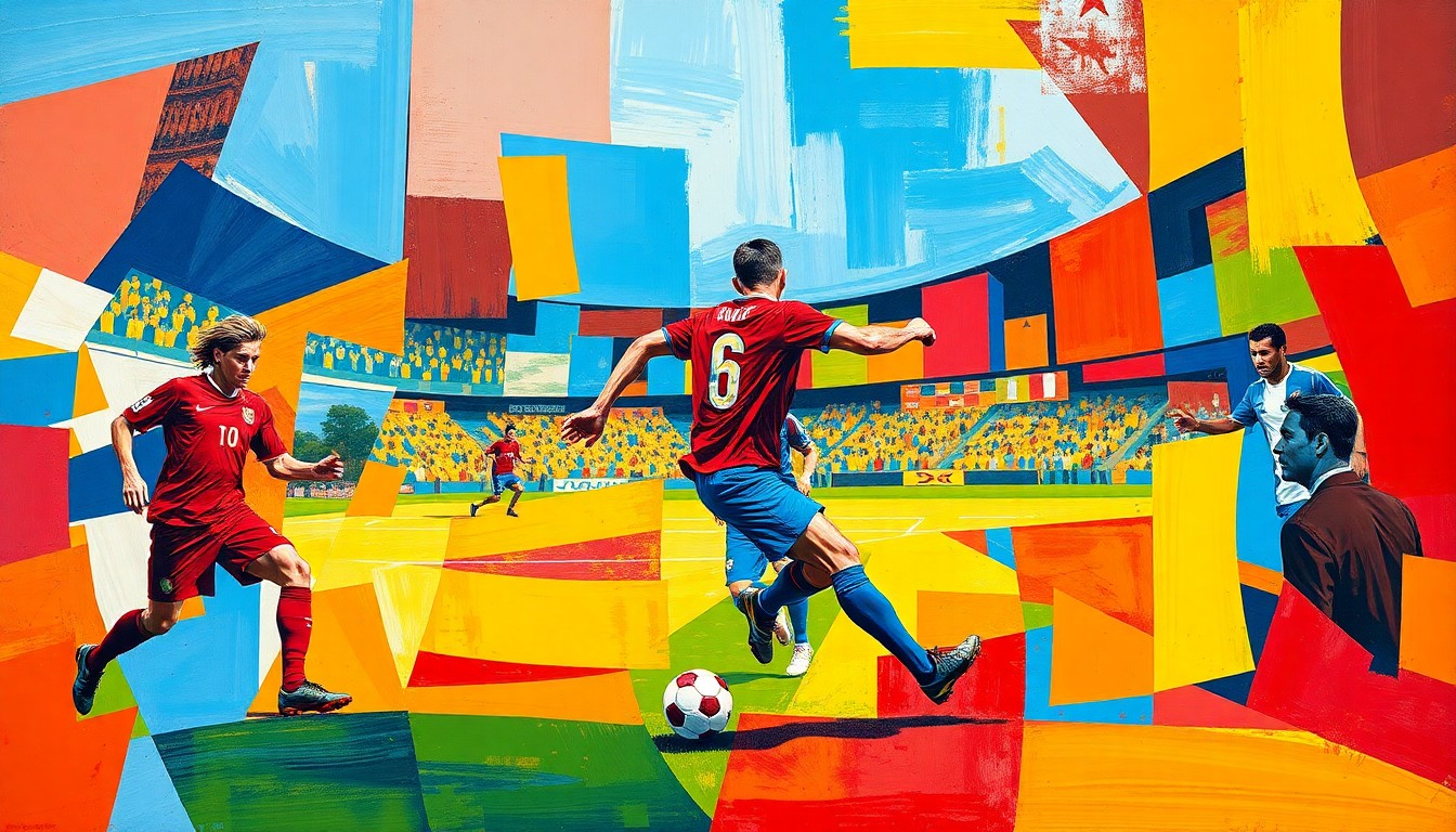 A cubist-style painting featuring overlapping geometric shapes and planes in vibrant colors, conceptually representing the fragmented nature of Cristiano Ronaldo's legacy and the debate over how football legends should retire.