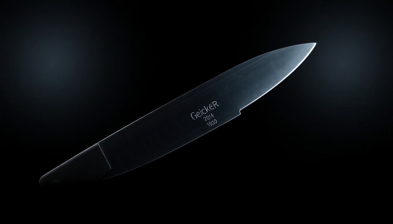 An extreme close-up of a filet knife, its sharp edges and serrated blade dramatically illuminated by a harsh flash against a dark backdrop, conveying the gritty, investigative nature of this crime story.