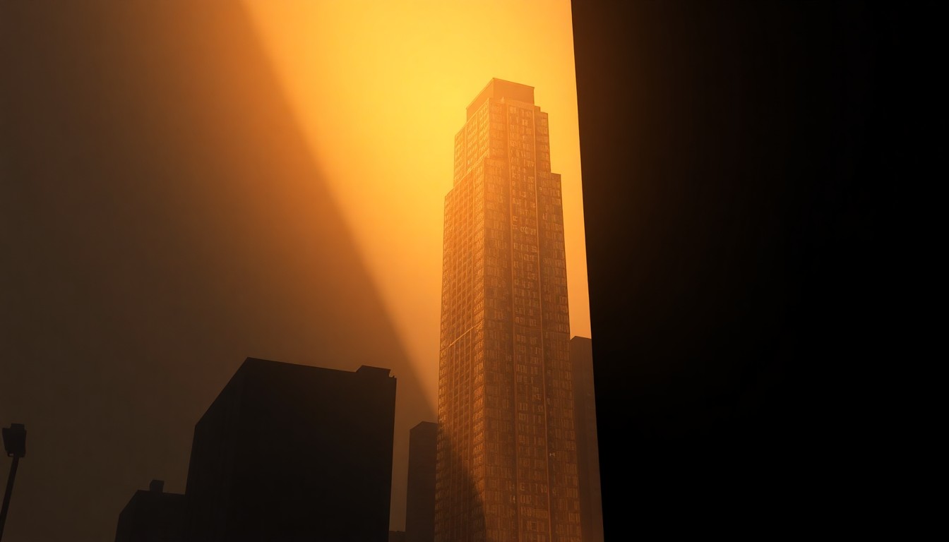 A photorealistic painting of a solitary luxury high-rise apartment building in New York City, with warm sunlight streaming through the windows and deep shadows cast across the facade, conveying a sense of quiet contemplation and political tension.