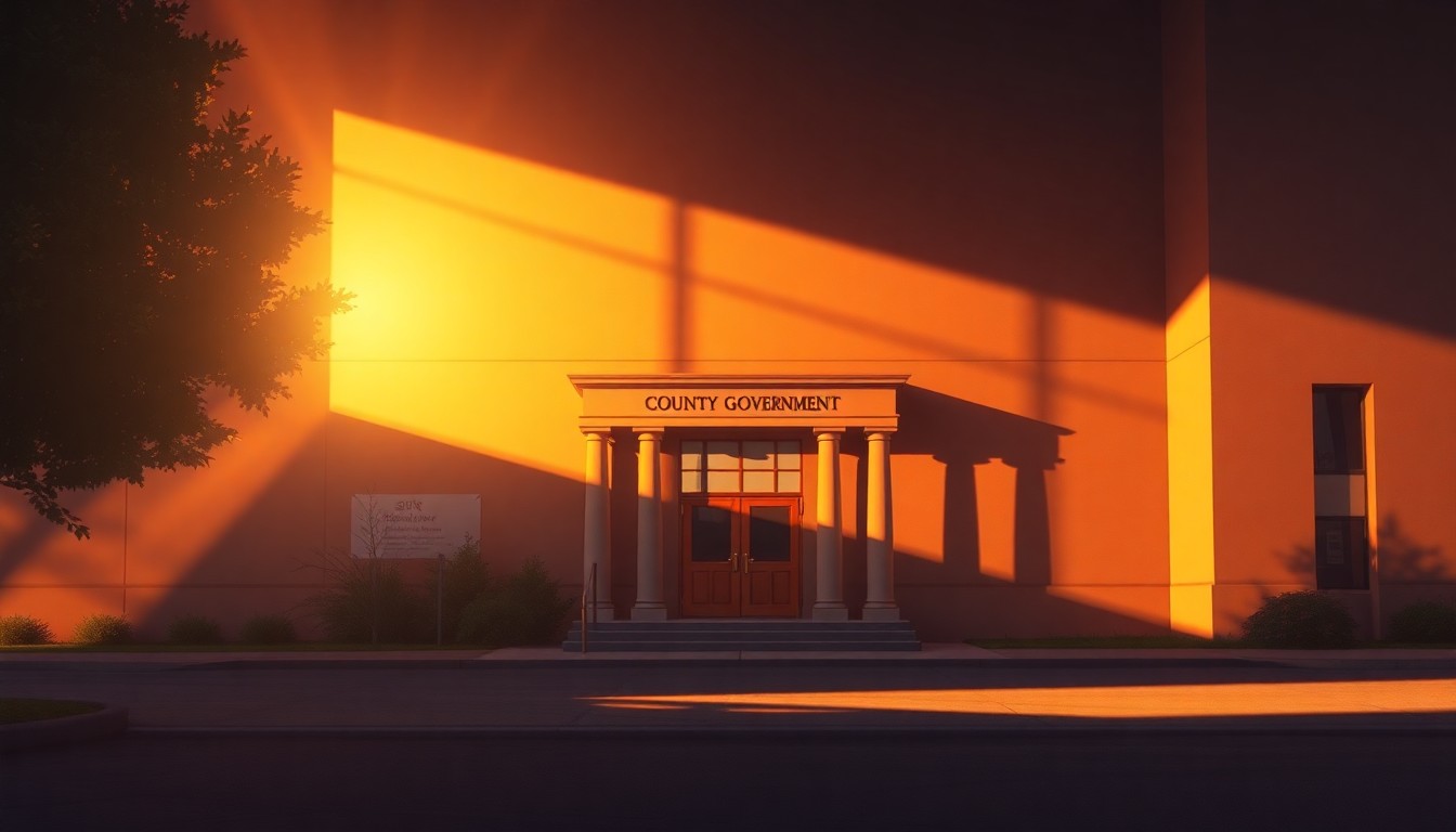 A serene, photorealistic painting of a county government building exterior with a warm, golden glow from the setting sun casting long shadows across the facade, conveying a sense of civic responsibility and public service.