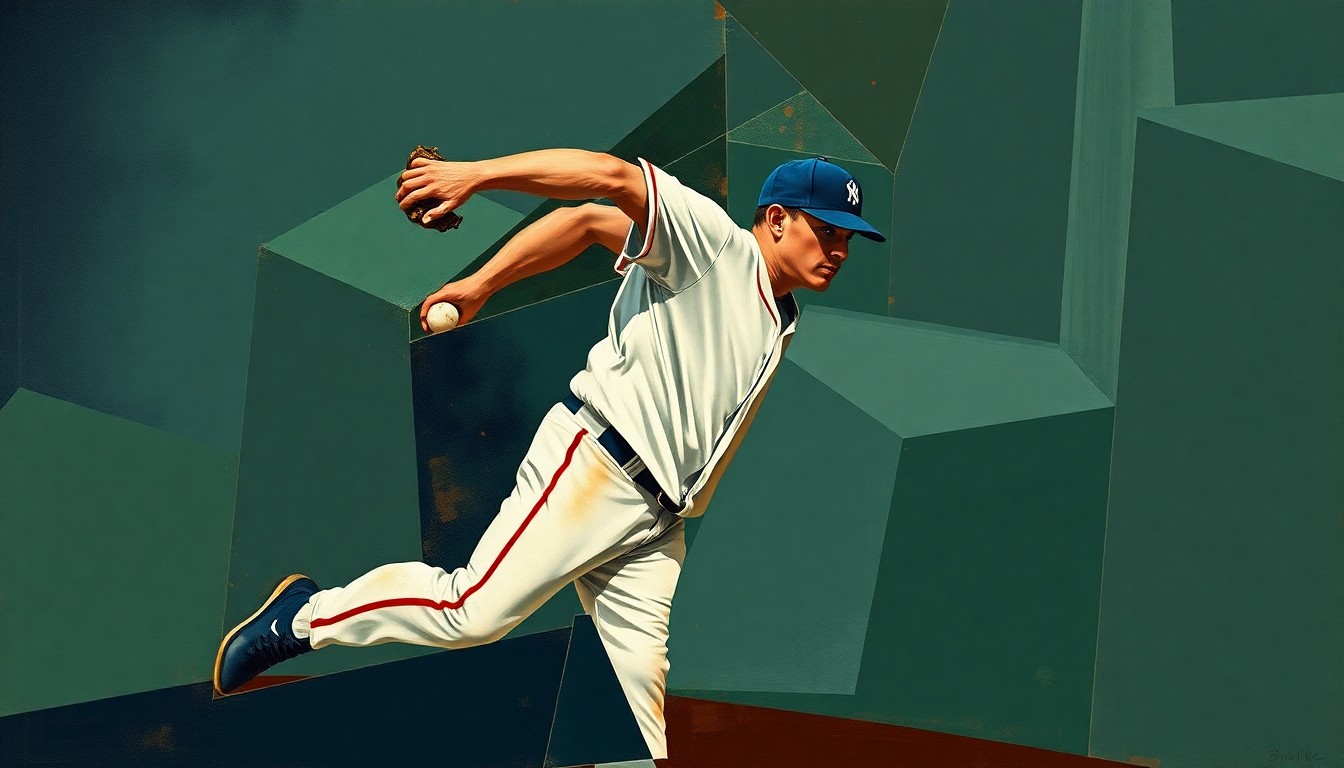A cubist, geometric painting depicting a baseball pitcher's motion broken down into overlapping, fragmented planes in muted navy, green, and brown tones.